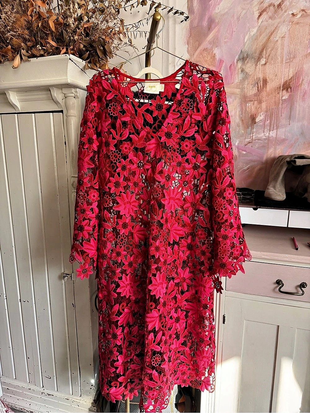 Maeve Floral Lace Maxi Dress in Pink & Red Like New
